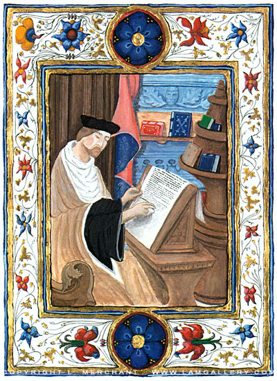 Illumination with Scribe, gouache and 24 kt. gold leaf, 5x7, 2000.