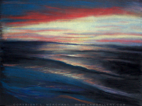 Sunset at Garrapata Beach, Soft Pastel on Black Paper, 9x12, 2006.